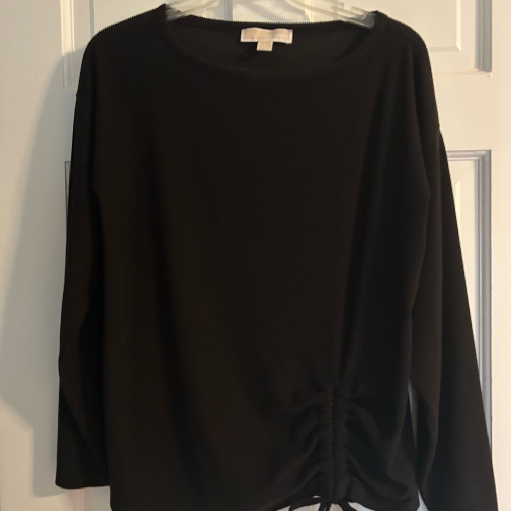 Michael Kors Black Ruched Tie Front Blouse with 3/4 Sleeves